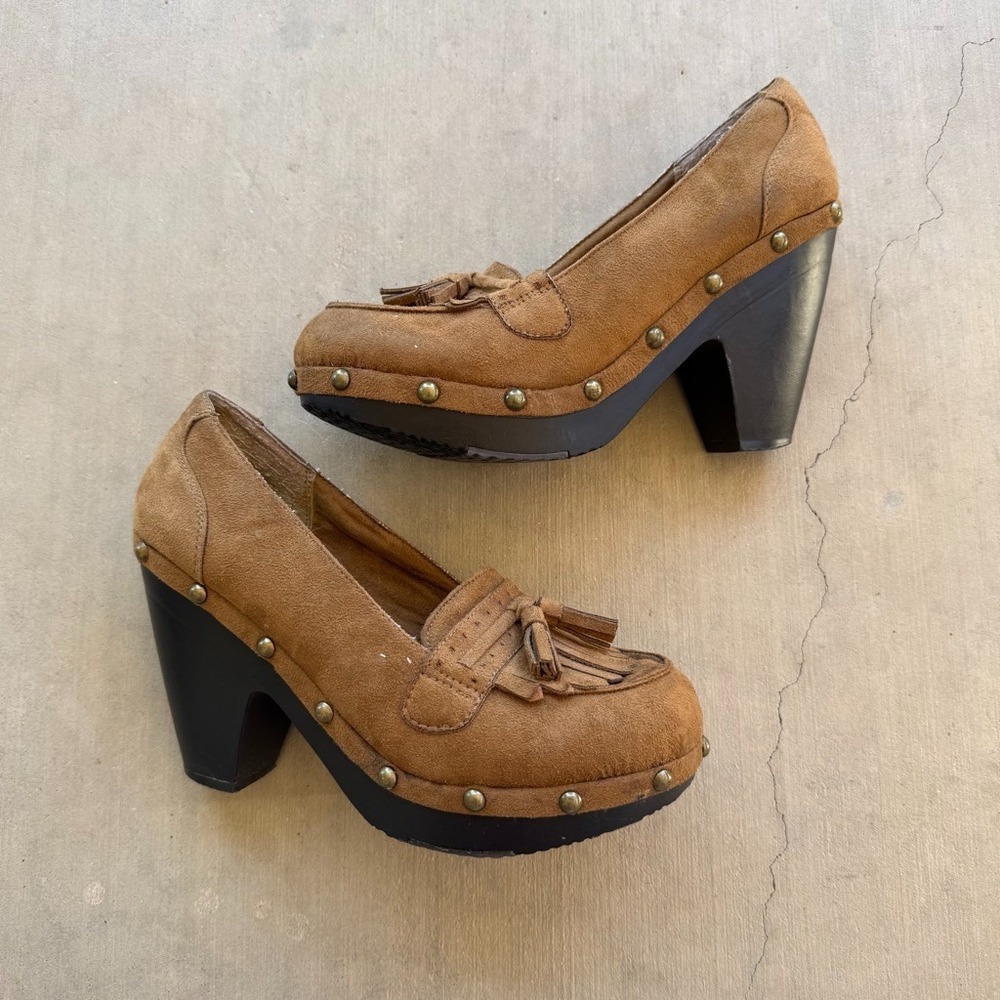 Unionbay Suede Platform Loafers Womens 9 Brown Tassel Clog Heels Y2K Shoes